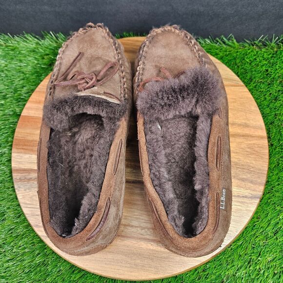LL Bean Wicked Good Slippers Mens 9 Wide Brown Suede Shearling Slip On Shoes - Picture 7 of 11